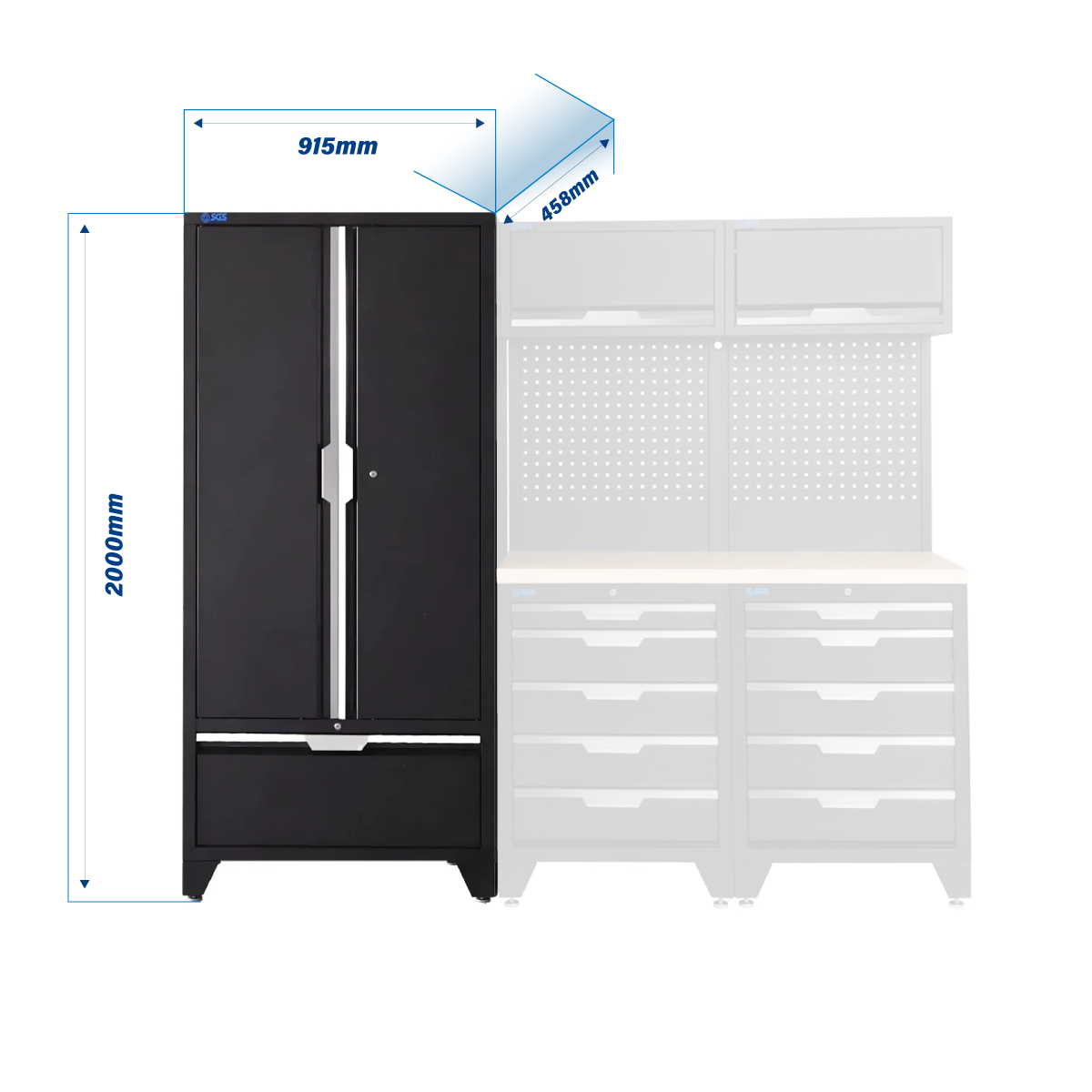 SGS 7pc Garage Storage System | 10 Drawers | Pressed Wood Worktop | 2x Upper Cabinets | Tall Double Cabinet with Drawer